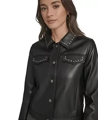 Faux Leather Studded Laydown Collar Jacket