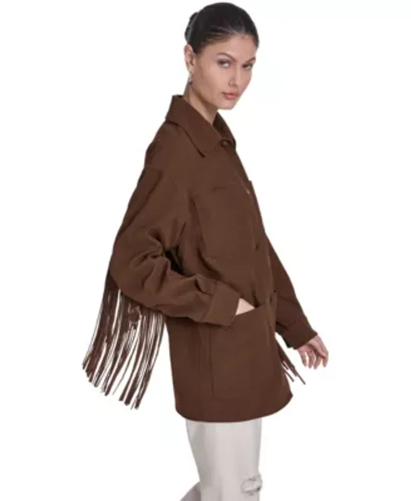 4-Pocket Faux Suede Chore Coat With Fringe Trims