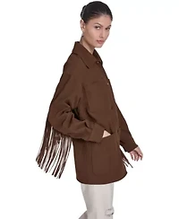 4-Pocket Faux Suede Chore Coat With Fringe Trims
