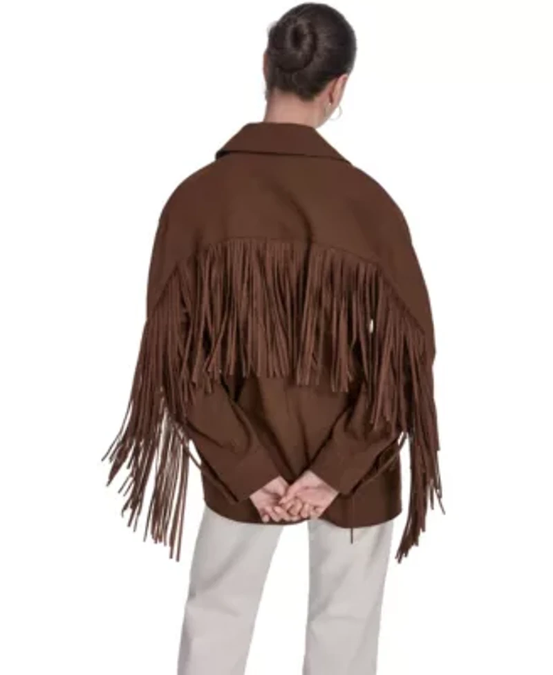4-Pocket Faux Suede Chore Coat With Fringe Trims