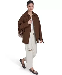 4-Pocket Faux Suede Chore Coat With Fringe Trims