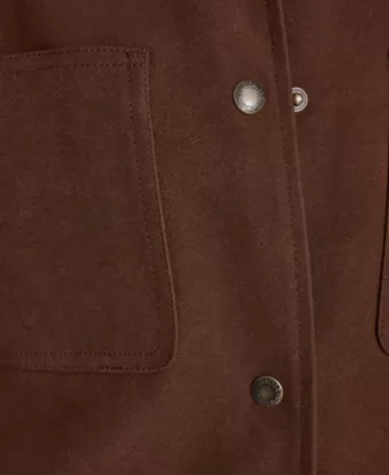 4-Pocket Faux Suede Chore Coat With Fringe Trims