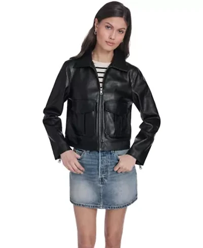 Faux Leather Zip Front Jacket With Lower Pockets