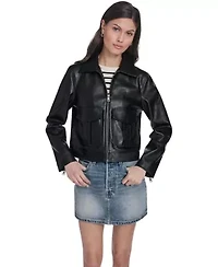 Faux Leather Zip Front Jacket With Lower Pockets