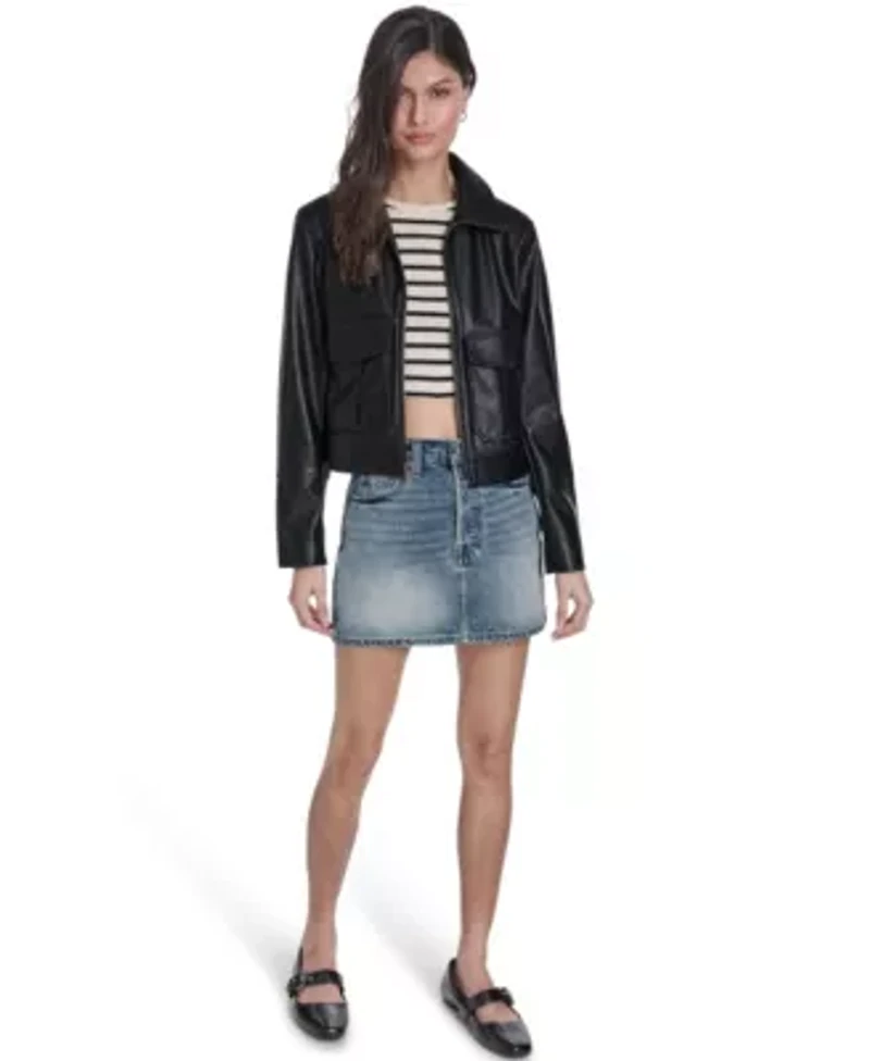 Faux Leather Zip Front Jacket With Lower Pockets