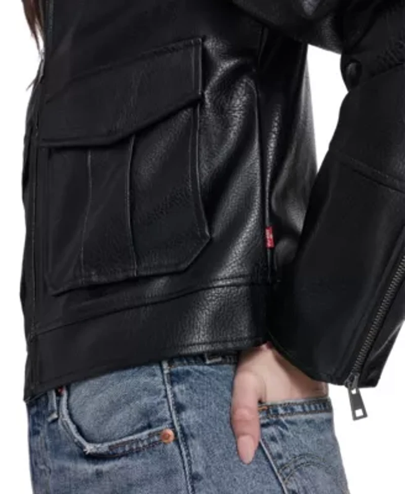 Faux Leather Zip Front Jacket With Lower Pockets