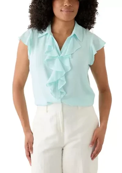 Women's Cap Sleeve Ruffle Front Blouse