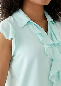 Women's Cap Sleeve Ruffle Front Blouse