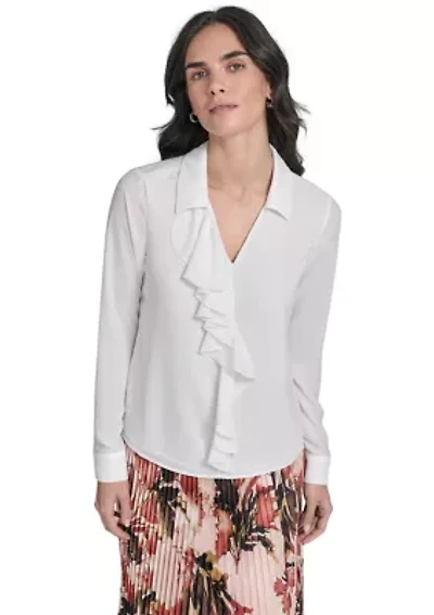 Women's Georgette Long Sleeve Ruffle Front Blouse