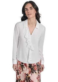 Women's Georgette Long Sleeve Ruffle Front Blouse