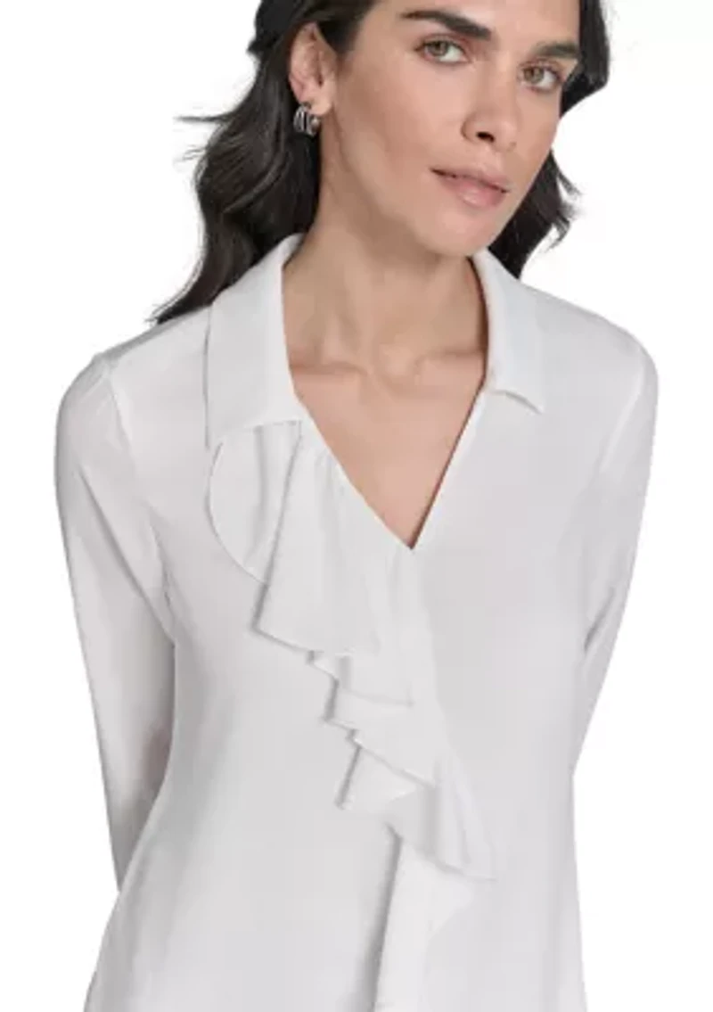 Women's Georgette Long Sleeve Ruffle Front Blouse