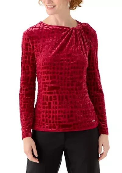 Women's Burn Out Velvet Long Sleeve Top with Asymmetrical Neck
