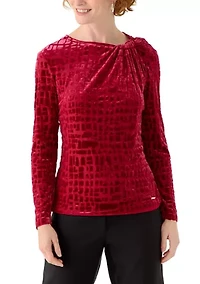 Women's Burn Out Velvet Long Sleeve Top with Asymmetrical Neck