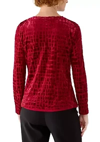 Women's Burn Out Velvet Long Sleeve Top with Asymmetrical Neck