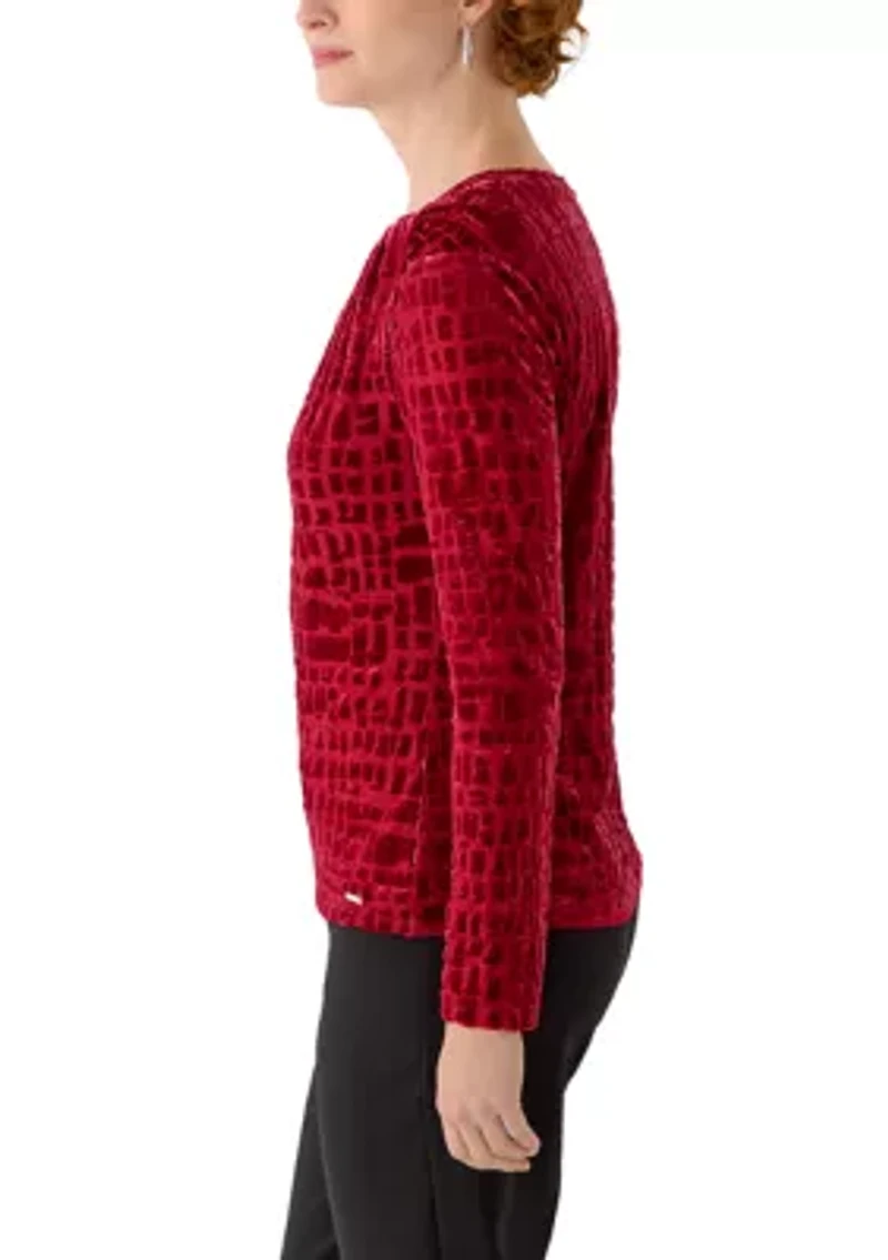 Women's Burn Out Velvet Long Sleeve Top with Asymmetrical Neck