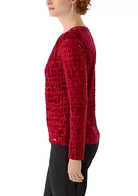 Women's Burn Out Velvet Long Sleeve Top with Asymmetrical Neck