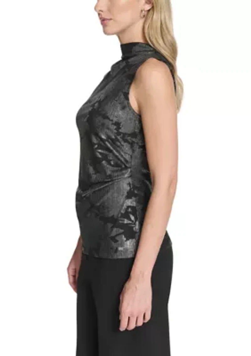 Women's Novelty Printed Mock Neck Ruched Top