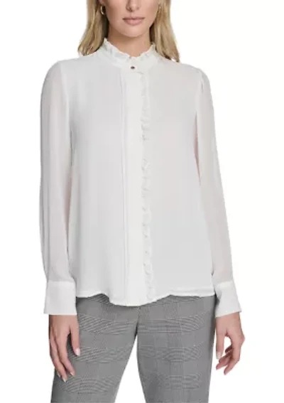 Women's Long Sleeve Blouse with Ruffle Detailing