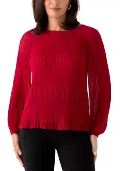 Women's Solid Long Sleeve Pleated Blouse