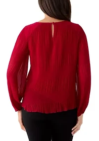 Women's Solid Long Sleeve Pleated Blouse
