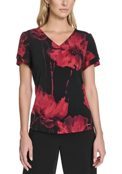 Women's Printed Flutter Sleeve V-Neck Top