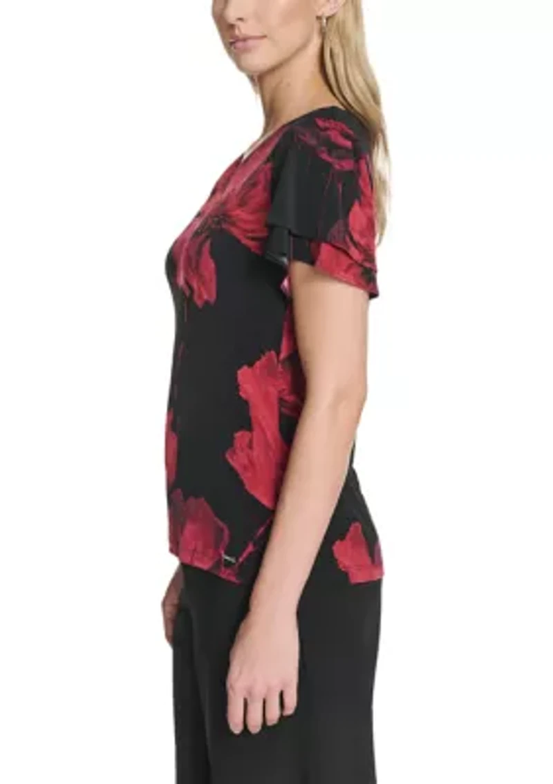 Women's Printed Flutter Sleeve V-Neck Top