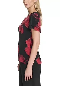 Women's Printed Flutter Sleeve V-Neck Top