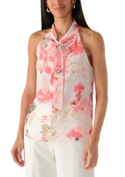 Women's Sleeveless Floral Bow Halter Neck Dress