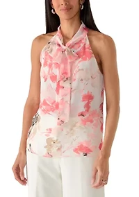 Women's Sleeveless Floral Bow Halter Neck Dress