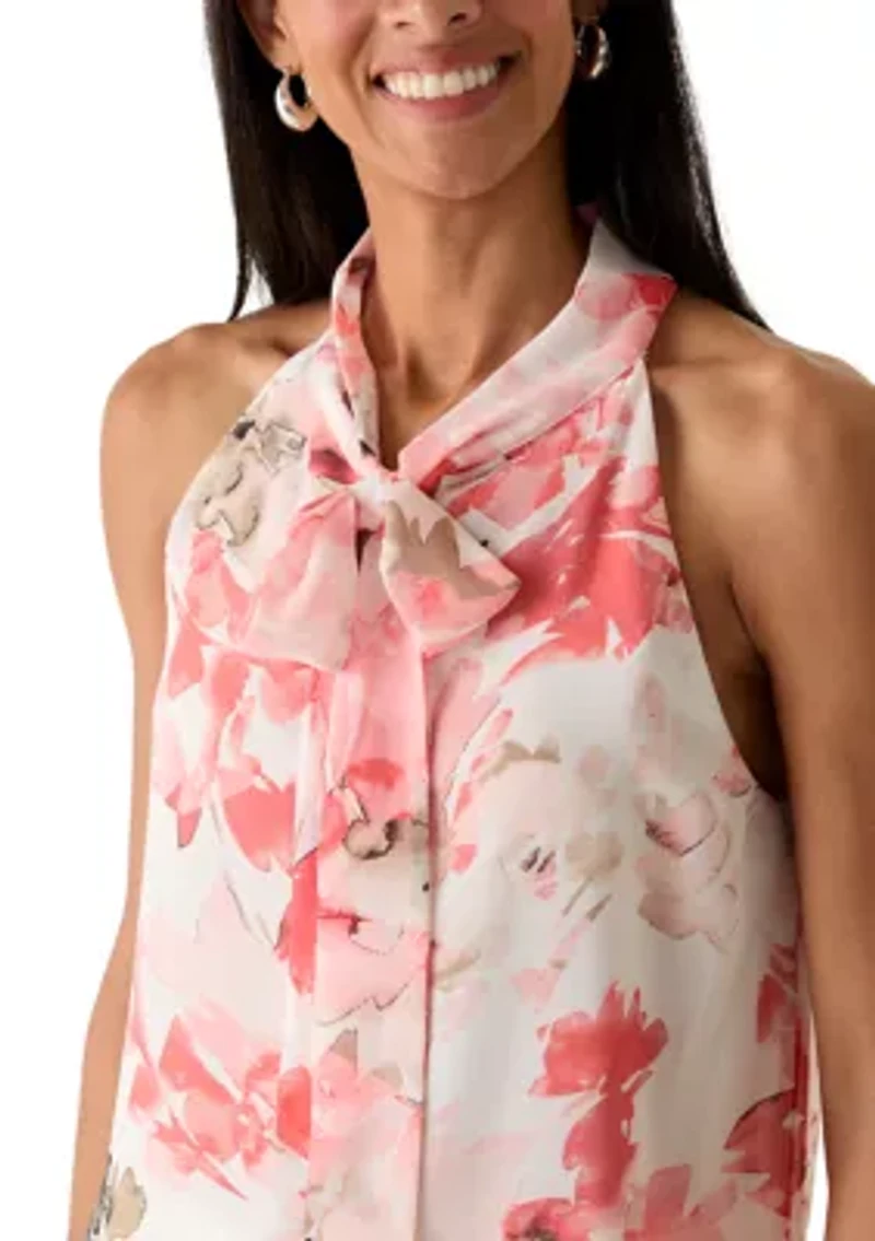 Women's Sleeveless Floral Bow Halter Neck Dress