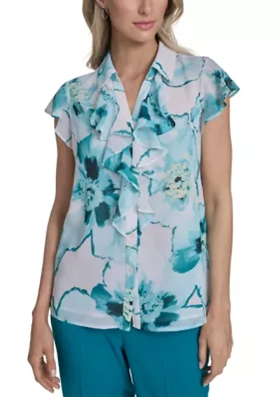 Women's Flutter Sleeve Ruffle Blouse