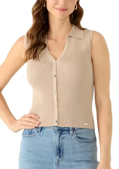 Women's Sleeveless Button Front Collar Sweater