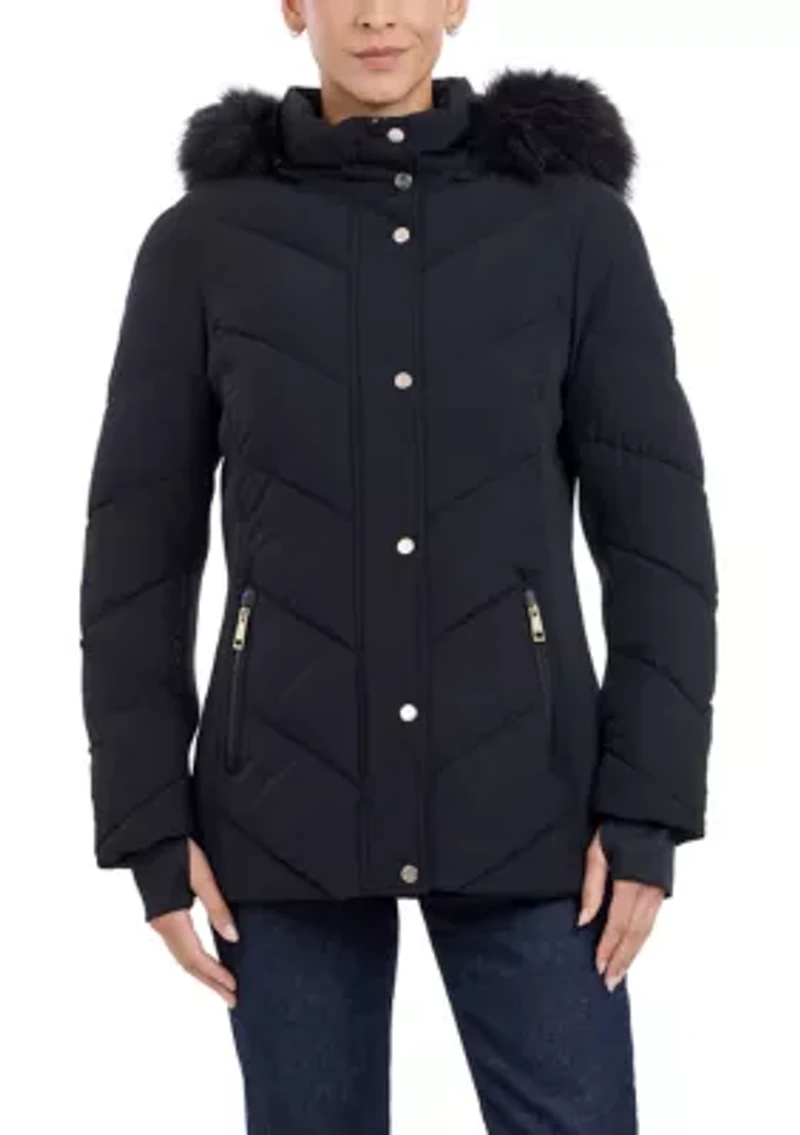 Women's Puffer Coat with Fur Hood