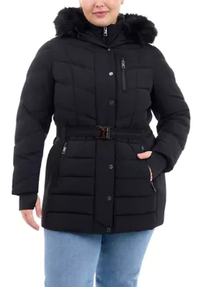 Plus Belted Long Puffer Coat with Hood
