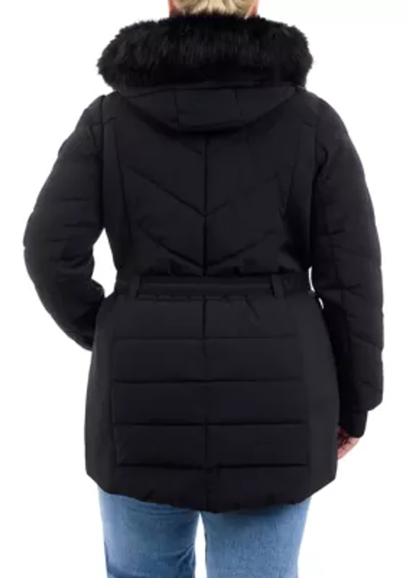 Plus Belted Long Puffer Coat with Hood