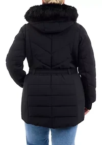 Plus Belted Long Puffer Coat with Hood