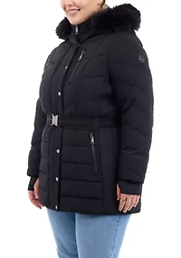 Plus Belted Long Puffer Coat with Hood