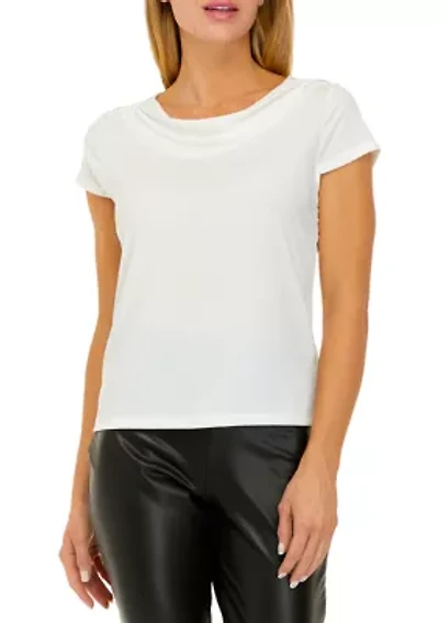 Petite U Neck Solid Crepe Blouse
