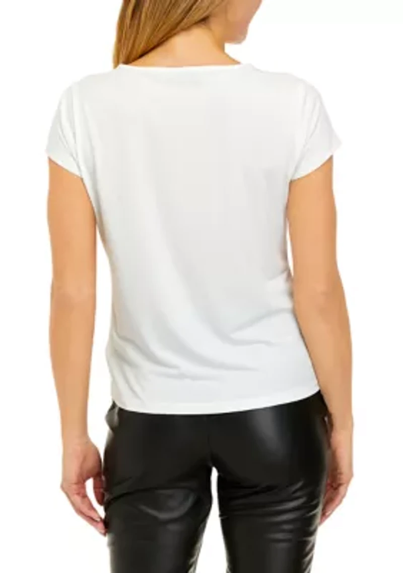 Petite U Neck Solid Crepe Blouse