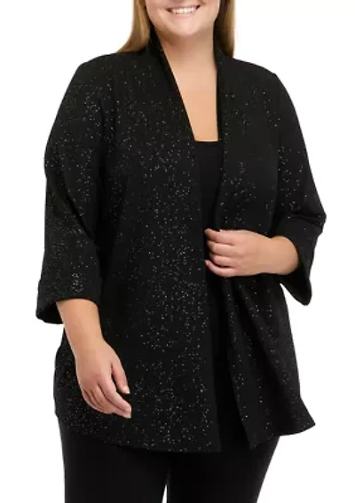 Plus 3/4 Sleeve Cardigan with Stretch Cross Hatch
