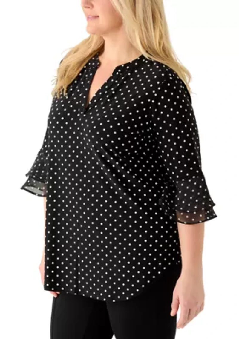 Plus Flutter Sleeve Split Neck Tunic Top