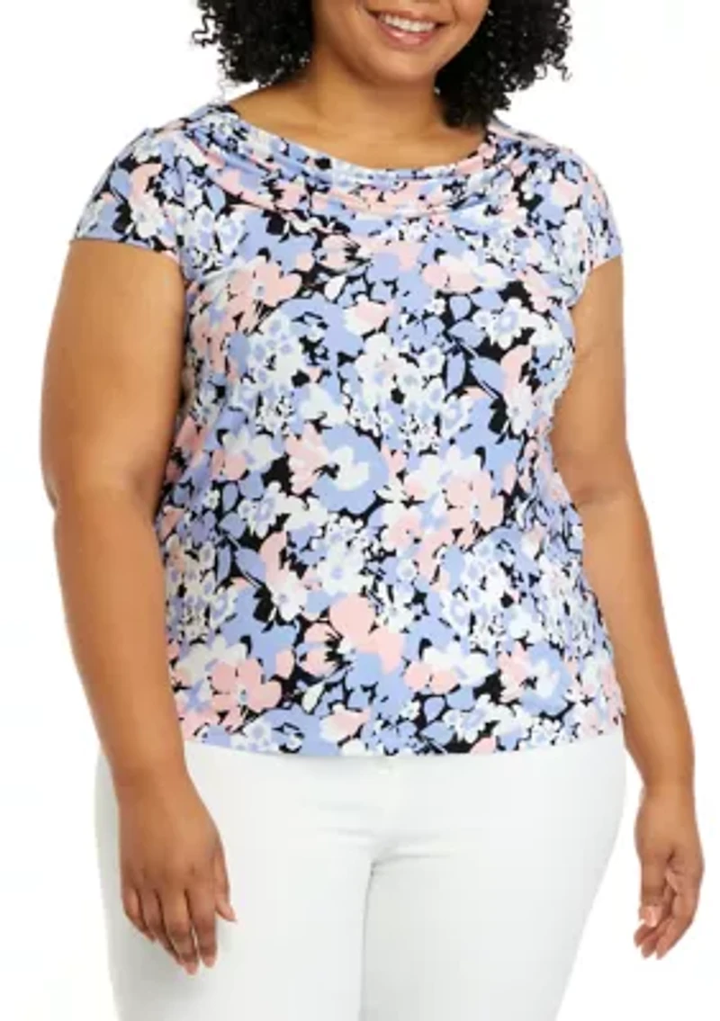 Plus Short Sleeve Cowl Neck Floral Print Top