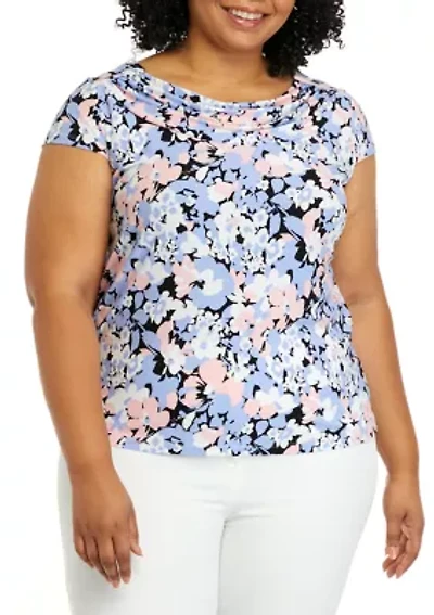 Plus Short Sleeve Cowl Neck Floral Print Top