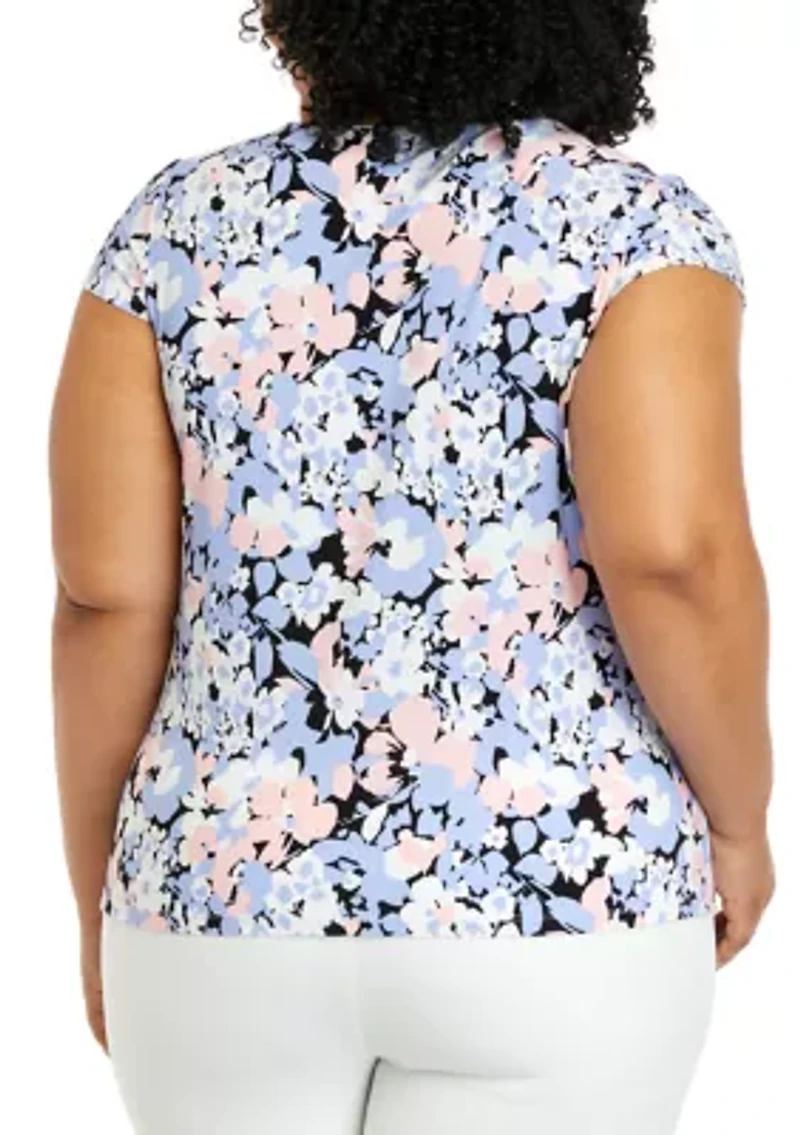 Plus Short Sleeve Cowl Neck Floral Print Top