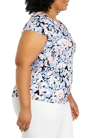 Plus Short Sleeve Cowl Neck Floral Print Top
