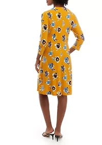 Petite 3/4 Sleeve V-Neck Side Ruched Floral Print Dress