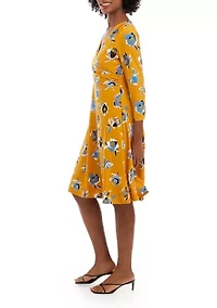 Petite 3/4 Sleeve V-Neck Side Ruched Floral Print Dress