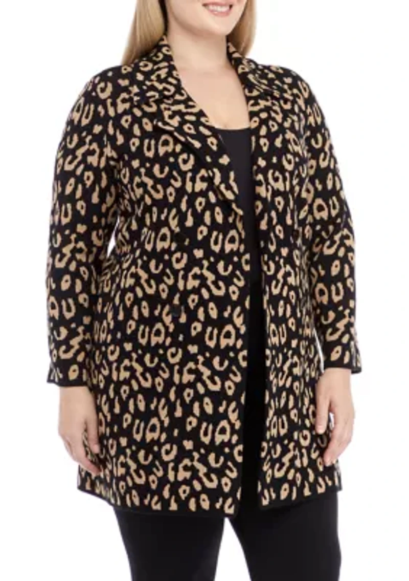 Plus Long Sleeve Notch Collar Leopard Coatigan