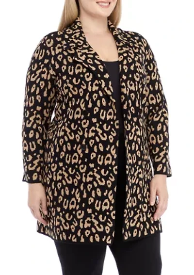 Plus Long Sleeve Notch Collar Leopard Coatigan