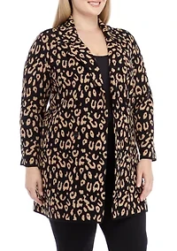Plus Long Sleeve Notch Collar Leopard Coatigan